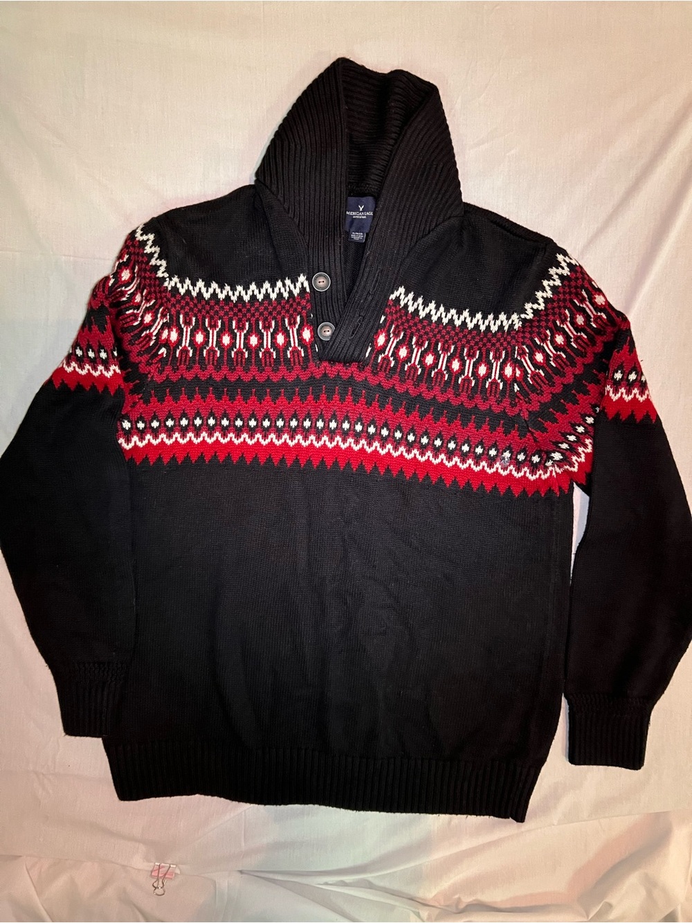 American eagle Men's Shawl Collar Fair Isle Sweater - Black & Red